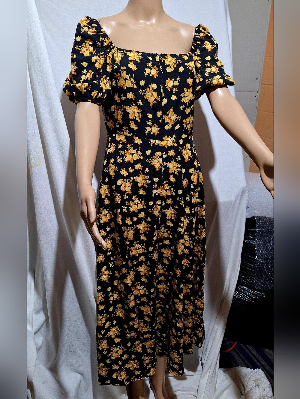 Black Midi Dress with Yellow Floral Print